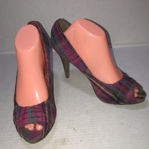 Vtg Y2K Candies Pink Plaid Peep Toe Heels Sz 10